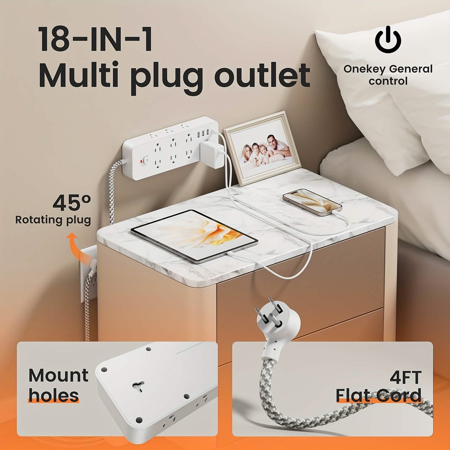 18-Outlet Power Strip with USB & Type-C – Surge Protection